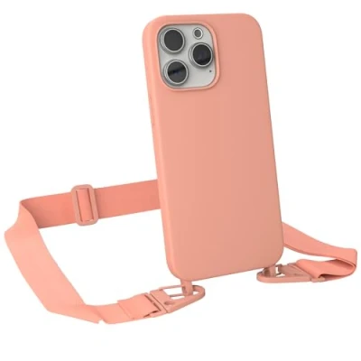 Abbildung von EAZY CASE Handykette mit Band kompatibel iPhone 15 Pro Max dünne Handyhülle für Hülle Silikon stoßfester Fallschutz Kette zum Umhängen in Korall Clips