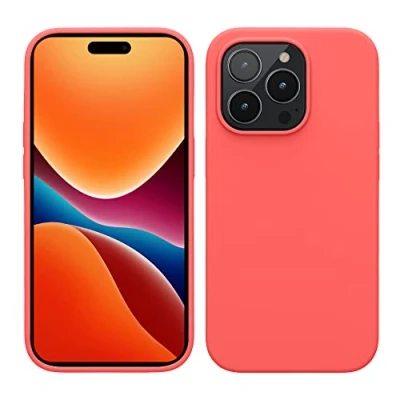 Abbildung von kwmobile Hülle für das iPhone 14 Pro dünnes Silikon Handy Case stoßfeste Handyhülle mit weicher Oberfläche unterstützt kabelloses Laden Neon Koralle