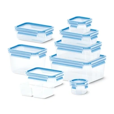 Abbildung von Emsa N10614 Clip &amp; Close Frischhaltedosen Set 9 teilig stapelbar mikrowellenfest 40 bis +100 Grad Kunststoff 100% dicht besondere Frische Dichtung spülmaschinenfest Transparent/Blau