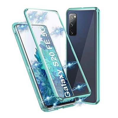 Abbildung von Schutzhülle für Samsung Galaxy S20 FE 5G, magnetische Adsorption, stoßfest, doppelseitig transparent, Hartglas, Schutzhülle, Aluminium, Metallrahmen, 360 Grad Schutz, Grün