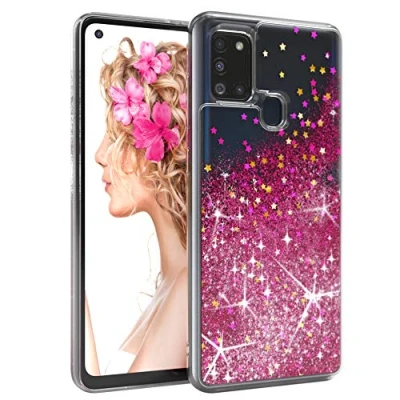 Abbildung von EAZY CASE Hülle kompatibel mit Samsung Galaxy A21s Schutzhülle Flüssig Glitzer, Handyhülle, Schutzhülle, Back Cover Glitter Flüssigkeit, TPU/Silikon, Transparent/Durchsichtig, Pink