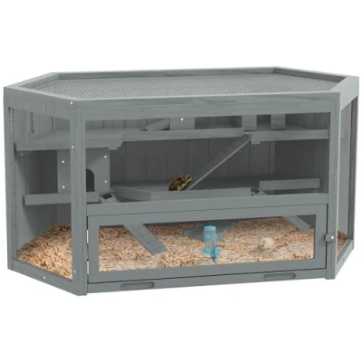 Abbildung von PawHut Kleintierkäfig 3 Etagen, 6 eckig, aus Holz, mit klappbarem Deckel, Sichtfenster, Rampe, 115 x 60 55 cm Grau