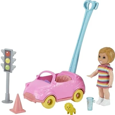 Abbildung von Barbie Spielfigur Mattel GRP17 Skipper Babysitter Inc Puppen, (Set, 6 tlg., 1 Kinder Puppe mit Kleid, rosa Auto Schiebestange, Zubehör)