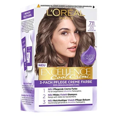 Abbildung von L&#039;Oréal Paris Permanente Haarfarbe mit Ultra kühlem Farbergebnis, 100% Grauhaarabdeckung, Set Coloration, Shampoo und Pflegecreme, Excellence Cool Creme, Nr. 7.11 kühles Mittelblond (Blond)
