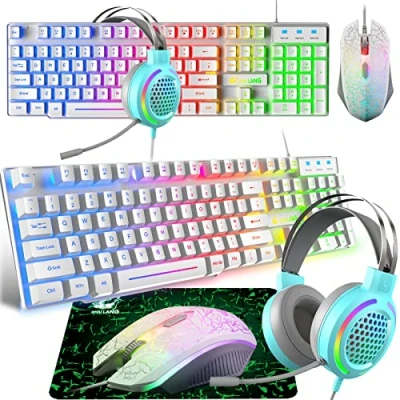 Abbildung von Gaming Tastatur Headset &amp; Maus Set, 104 Tasten Rainbow Backlit UK Layout 2400DPI 7.1 Surround Sound RGB Leichte Waben Mauspad Kombination für PS4 Xbox(Need Adapter) Weiß