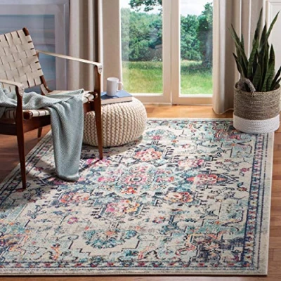 Abbildung von SAFAVIEH Boho Teppich für Wohnzimmer, Esszimmer, Schlafzimmer Madison Collection, Kurzer Flor, Creme und Blau, 122 X 183 cm