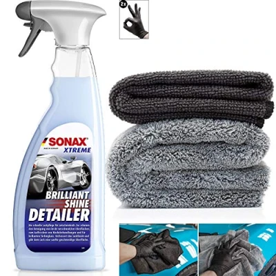 Abbildung von detailmate Trockenreinger Auto Set: Sonax Xtreme BrilliantShine Detailer, 750ml Sprühflasche + kurzfloriges Mikrofasertuch 320GSM langfloriges Poliertuch 550GSM Schutzhandschuhe