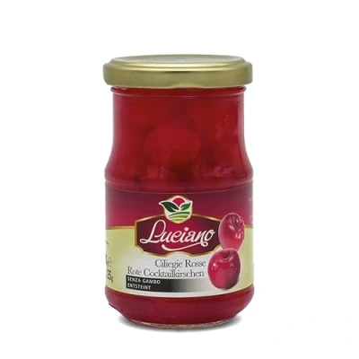 Abbildung von Luciano Cocktail Kirschen o. Stiel 125 g Maraschino Cocktailkirsche ohne Kern, Sauerkirschen im Glas Stiel, eingelegt in Sirup