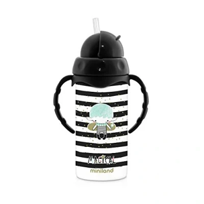 Abbildung von Miniland THERMOKID MAGICAL, Isolierflasche mit Trinkhalm, seitlichen Griffen, schwarz und weiß