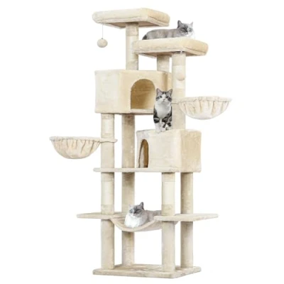 Abbildung von MSmask Kratzbaum groß, 180 cm hoch Katzenbaum mit Sisalstämme, 2 Plattformen, Katzenhöhlen, Korb, Hängematte, Stabiler Katzenkratzbaum, mehrstöckiger Kletterbaum für Katzen, Beige