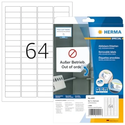 Abbildung von HERMA 4201 Sichtreiteretiketten ablösbar, 25 Blatt, 45,7 x 16,9 mm, 64 pro A4 Bogen, 1600 Stück, selbstklebend, bedruckbar, matt, blanko Sichtreiter Etiketten aus Papier, weiß