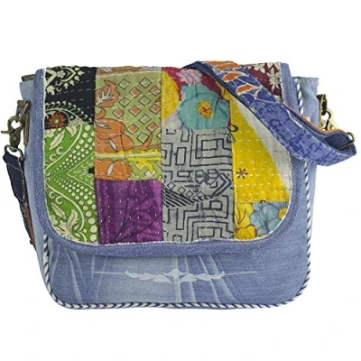 Abbildung von Sunsa Umhängetasche Upcycling Messenger Tasche Recycling Sari &amp; Jeansstoff Jeanstasche, verstell und abnehmbarer Schultergurt, recycelter