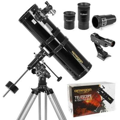 Abbildung von Omegon Teleskop N 150/750 EQ 3 Für Einsteiger in die Deep Sky Beobachtung Umfangreiches Zubehör Leicht bedienbar Große Spiegeloptik astronomisches