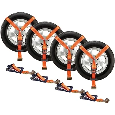 Abbildung von VEVOR Unterlegkeil Spanngurt Set, 50,8 x 3048 mm Spanngurte Autotransport, 4 teiliges Anhänger Spannsystem 5000 kg Bruchlastkeit, ATVs, Anhänger, Unterlegkeil, Zubehör Orange + Schwarz