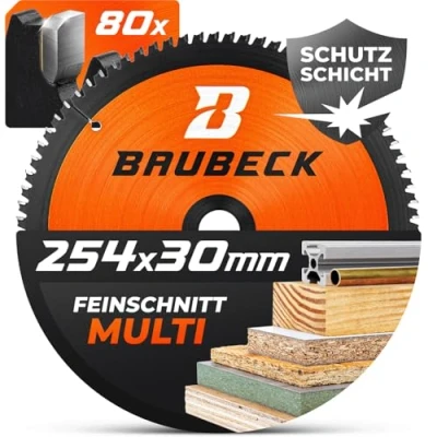 Abbildung von BAUBECK Sägeblatt 254x30 Multi Material Feinschnitt Kreissägeblatt 254 x 30 für Holz, Aluminium, Metall uvm. kompatibel mit Bosch GTS 10, PTS Metabo KGS