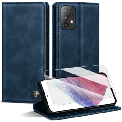 Abbildung von Handyhülle für Samsung Galaxy A53 5G Hülle,Premium Lederhülle [Mit 1 Stück Panzer Schutz Glas] Magnet Kartenfach Klapphülle Schutzhülle A53,Blau