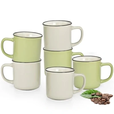 Abbildung von matches21 HOME &amp; HOBBY Tasse Kaffeebecher 6er Set Emaille Optik einfarbig Pastellfarben, Porzellan, Tee Kaffee Becher, modern Vintage, hell grün weiss, 330 ml