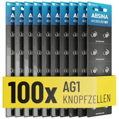 Abbildung von ABSINA AG1 LR621 Knopfzelle 100er Pack 1,5V Alkaline Knopfzellen Knopfzelle, (1 St)