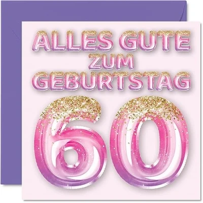 Abbildung von Stuff4 60. Geburtstagskarte für Frauen Rosa Lila Glitzerballons Alles Gute zum Geburtstagskarten 60 Jährige Frau Mama Oma Tante, 145mm Sechzig Sechzigster Geburtstag Grußkarten