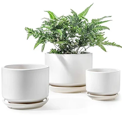 Abbildung von LE TAUCI 3er Pack Keramik Blumentöpfe, 11+13+17 cm Durchmesser Klein Übertöpfe Set, Blumentopf für Zimmerpflanzen mit Untersetzer und Abflussloch, Weiß