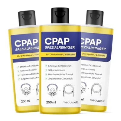 Abbildung von meduwell CPAP Spezialreiniger 250ml für Masken Schläuche und Zubehör, effektiv fettlösend, silikonschonend hautfreundlich, angenehmer Duft (3)