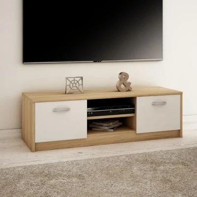 Abbildung von Home Collective TV Schrank 120cm breit Lowboard mit Matter Oberfläche Fernsehtisch 2 Türen und 1 Regal, aus laminiertem Board, abgerundete Kante Metall Rollschienen Fernsehkommode Sonoma weiß