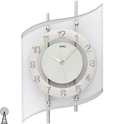 Abbildung von AMS 5506 Wanduhr Funk Funkwanduhr Analog Silbern Modern geschwungen mit Glas