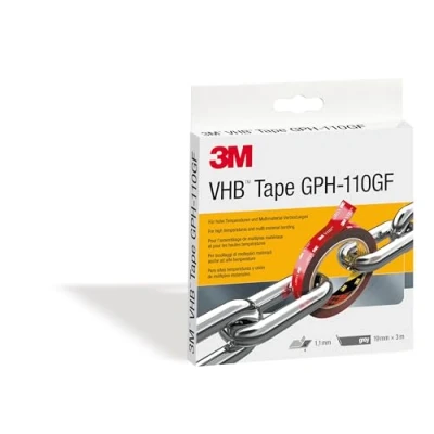 Abbildung von 3M VHB GPH 110GF Montage Klebeband doppelseitig hohe Temperaturbeständigkeit, Verbindung von Aluminium, Edelstahl, verzinktem Stahl, Polycarbonat, ABS 19mm x 3m, Grau, Dicke: 1.1mm (1 er Pack)