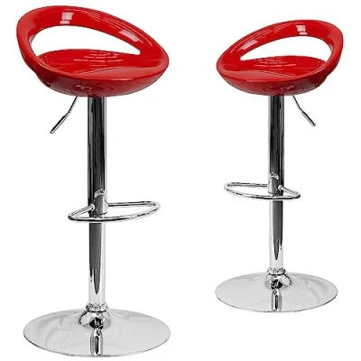 Abbildung von Flash Furniture Moderner Barhocker aus Kunststoff, höhenverstellbar, mit Abgerundeter Rückenlehne und Chromsockel, ABS, Metall, Rot, 2 Stück