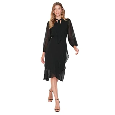 Abbildung von Trendyol Damen Regular Wickelschnitt Stehkragen im Choker Stil Webstoff Kleid, Zwetschge, 36
