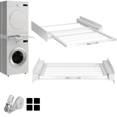 Abbildung von Hd Line Universeller Zwischenbaurahmen Aufhängesystem Für Waschmaschinen und Trockner, mit herausziehbarem Fach, vibrationsdämpfend kippfest Größe (60x54x10 cm, bis 15 kg)