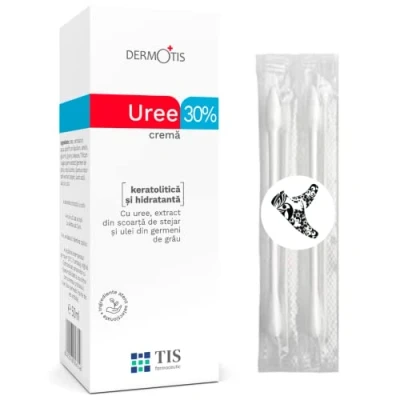 Abbildung von TIS Harnstoff Creme 30% Urea 50g Ekzem, Keratose, Psoriasis, Trockene, rissige Haut Peeling Fußcreme Narbenentfernung, Wunden, Hautschuppen Milchsäure AHA, Weizenkeimöl + Wattestäbchen