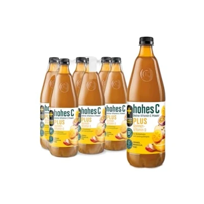 Abbildung von hohes C PLUS Sonnenvitamin D (6 x 1l), 100% Saft, Orange, Apfel, Maracuja, Zitrone, Kaki, Vitamin C, an D, ohne Zuckerzusatz laut Gesetz, vegan, mit recyceltem PET