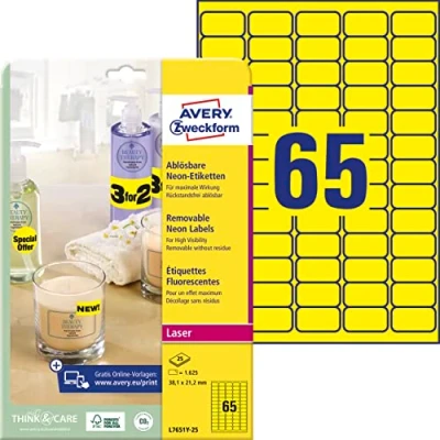 Abbildung von AVERY Zweckform L7651Y 25 leuchtend neongelbe Etiketten (1.650 Aufkleber, 38,1x21,2mm auf A4, selbstklebend, bedruckbar, wiederablösbar, farbige Klebeetiketten zum auffälligen Kennzeichnen) Blatt