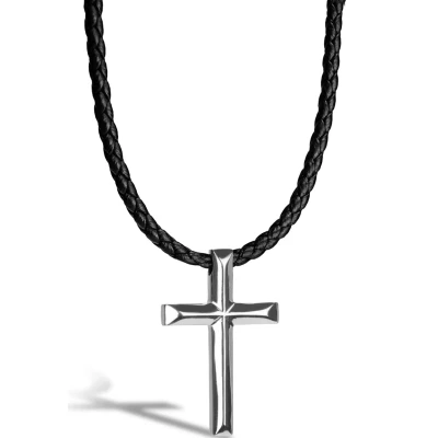 Abbildung von SERASAR Lederkette Herren Leder Halskette mit Kreuz Anhänger 60cm Silber Lederband Kette Schmuck Schachtel für Männer Echtleder Geschenk Leather Necklace Men Jewelry Band