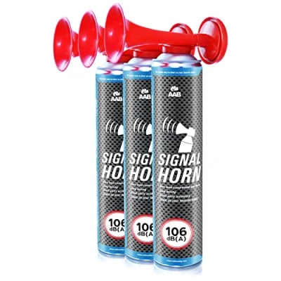 Abbildung von 3 x AAB Signal Horn Laut Drucklufthorn 106 dB(A), Fussball Fanartikel Mit Nicht Brennbarem Gas, Bis Zu 320 Kurze Pieptöne, Fanfare, Gaströte, Stadion Signalhorn, Drucklufthupe, Pressluft Tröte