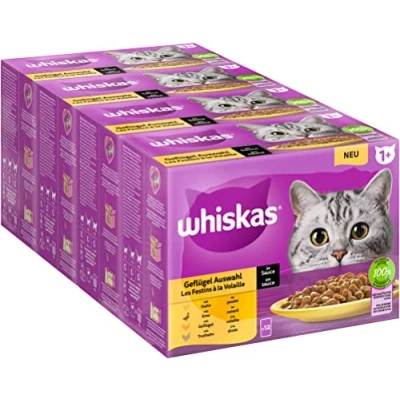 Abbildung von Whiskas 1+ Katzenfutter Geflügel Auswahl in Sauce, 12x85g (4 Packungen) Hochwertiges Nassfutter für ausgewachsene Katzen 48 Portionsbeuteln
