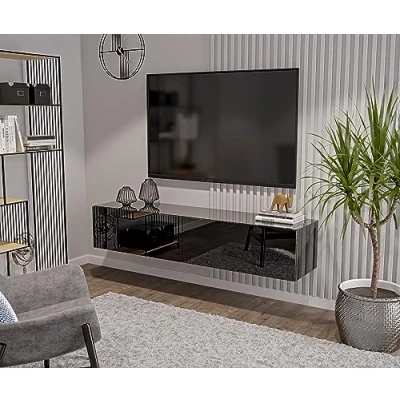 Abbildung von 180 cm Schwarz Hochglanz TV Lowboard Board Hängend Hängeschrank Wohnwand Möbel Fernsehschrank Fernsehtisch Sideboard HiFi 180x35x40 Holzwerkstoff