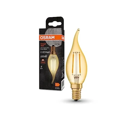 Abbildung von OSRAM Vintage 1906 Classic BA FIL LED Lampe, E14, Kerze mit gebogener Spitze, gold, 2,5W, 220lm, 2400K, warmweiße Komfortlichtfarbe, sehr geringer Energieverbrauch, lange Lebensdauer