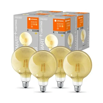 Abbildung von LEDVANCE Smart LED Lampe in Gold mit 6W, 2700K, E27, 125mmx178mm, Wifi Technologie, Leuchtmittel dimmbar Global Form steuerbar über App und Sprachassistenten, 4er Pack