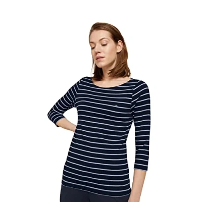 Abbildung von TOM TAILOR Damen Longsleeve mit Logo Stickerei 1032035, 29950 Navy White Stripe, XS