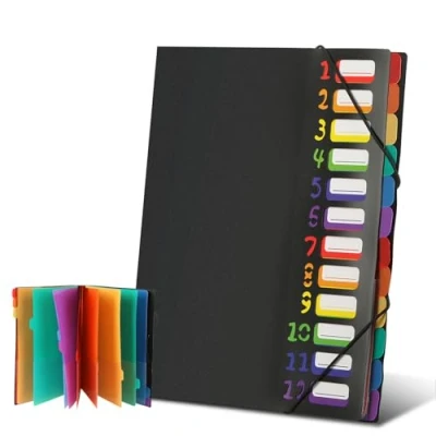 Abbildung von Dokumentenmappe A4, Fächermappe mit 12 Fächern, Bunte Etiketten Sortierordner Mappe, Wasserdicht, Kapazität Unterschriftenmappe A4 Gummizug, für Schule, Zuhause, und Auf Bürobedarf (Schwarz)