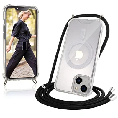 Abbildung von JProtect Magnetische Handykette für iPhone 13 Mini Magsafe Hülle/iPhone Hülle mit Band zum Umhängen Schwarz Kordel/Kette Handyhülle Magnet