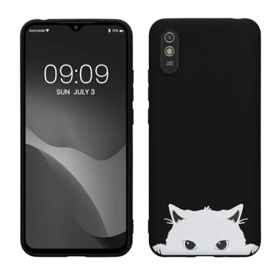 Abbildung von kwmobile Hülle kompatibel mit Xiaomi Redmi 9A / 9AT Handyhülle Silikon Case Neugierige Katze Schwarz Weiß