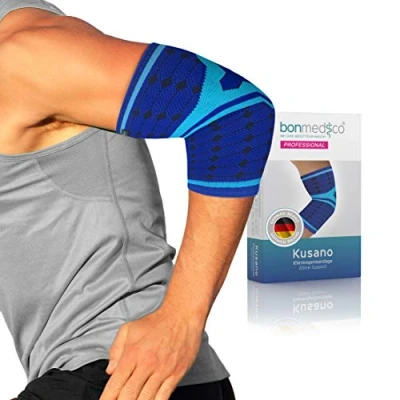 Abbildung von bonmedico Professional Ellenbogen Bandage Kusano für Damen &amp; Herren Ellbogen Links/Rechts Stützt Gelenk und Muskeln Ellbogenschoner 1 Stück, Blau, L