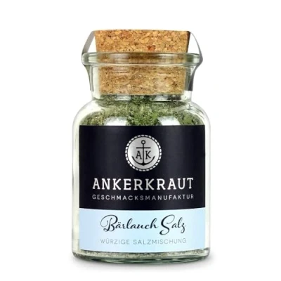 Abbildung von Ankerkraut Bärlauch Salz, Lecker Fleisch und Salat Verfeinern, Knoblauch like Geschmack Aroma, Kräuter mit Gewürz zum Kochen, 110 g im Korkenglas