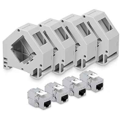 Abbildung von kwmobile Keystone Modul und Hutschienenadapter Set passt auf genormte Hutschiene 4X CAT 6A Module Halter RJ45 Buchse geschirmt werkzeuglos