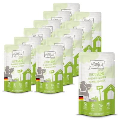Abbildung von MjAMjAM Premium Nassfutter für Hunde Quetschie leckeres Rind an gekochten Kartoffeln mit knackigen Erbsen, 12er Pack (12 x 125g), getreidefrei extra viel Fleisch