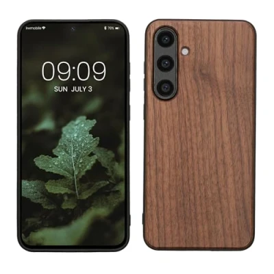 Abbildung von kwmobile Hülle kompatibel mit Samsung Galaxy S24 FE Holz Case stoßfestes Handy Cover TPU Handyhülle in Dunkelbraun