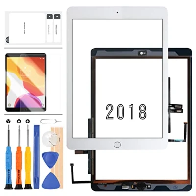 Abbildung von Digitizer Compatible für iPad 24,6 cm (9,7 Zoll) 2018/iPad 6 6. Generation A1893 A1954 Touchscreen Ersatzteile, (kein LCD) Sensorglasscheibe mit Displayschutzfolie und Werkzeug (weiß Taste)